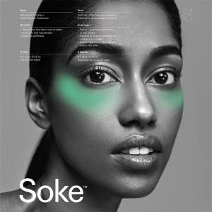 SOKE treatment diagram with a woman looking straight on and a green colour showing the treatment area under the eyes.