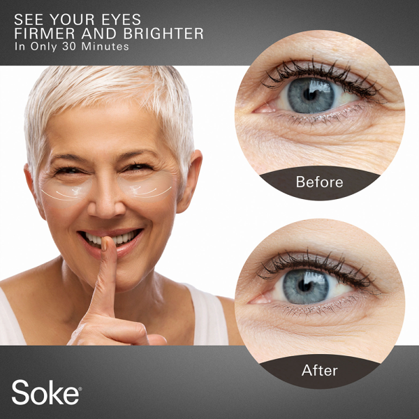 A SOKE diagram with older woman showing before and after of eye wrinkles after using the SOKE eye mask.